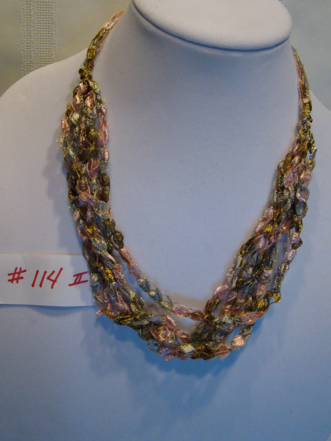 Silver Copper Gold and Pink Handmade Crocheted Italian Lace Necklace