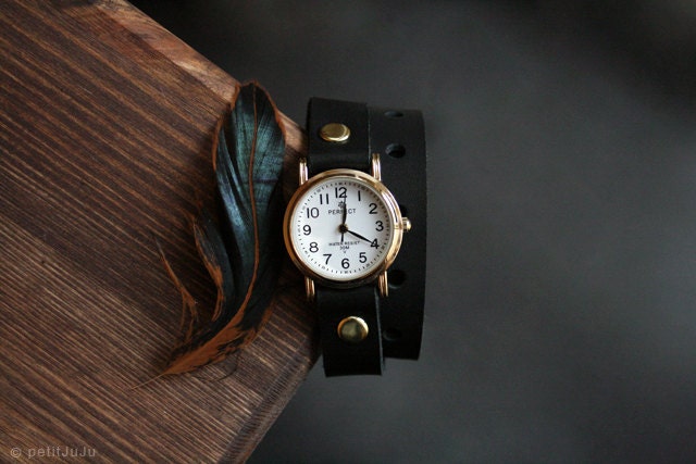Free Shipping - black leather bracelet wrap around wrist with gold watch face - petitJuJu