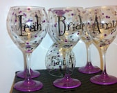 Bridal Party / Birthday Party Wine Glasses. Hand painted names and polka dots. You pick the colors.