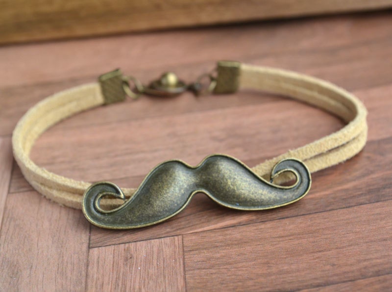 Moustach Bracelet,Unique vintage Moustache bracelet, retro Beard bracelet with Khaki Leather,Steampunk Bracelet