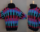 Vintage 70s 80s Incredible Colorblock Fleece Cowl Neck Sweater - VTG 1970s Batwing Uber Mini Tunic Dress Top