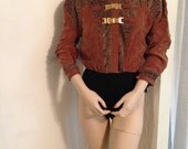 FREE SHIPPING Vintage 80's Glam Black & Gold Bodysuit Leotard SM Medium Collar High Cut Legs Dramatic Sexy