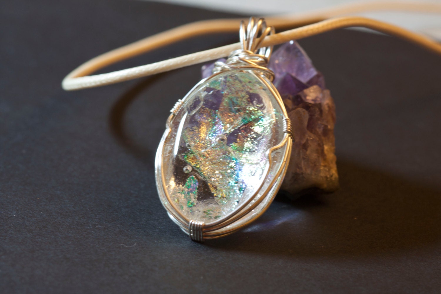 Dichroic fused glass wire wrapped pendant