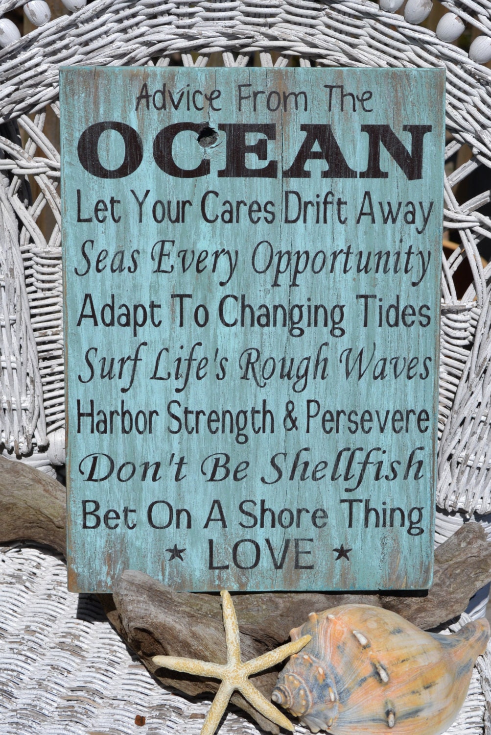 Advice From The Ocean By Carova Beach Crafts in Sage/Teal Green, Beach Wedding Decor, Coastal, Nautical, Wood Sign, Hand Painted