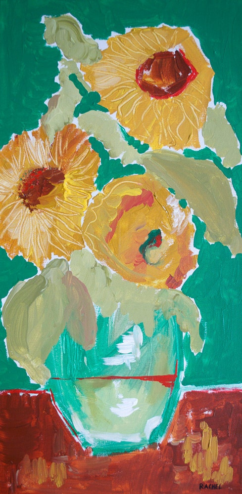 Flowers for Van Gogh 12"x24" colorful original acrylic painting of Sunflowers on canvas.