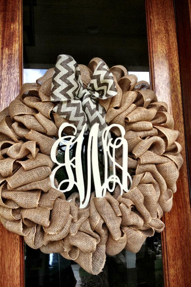 Custom Natural Burlap Interlocking Monogram Wreath With Burlap Chevron Or Polkadot Bow