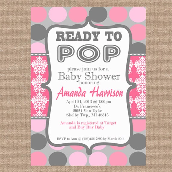 Pink / Gray Damask Baby / Bridal / Wedding "Ready to Pop" Shower Invitation