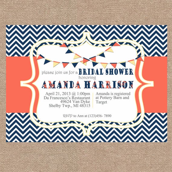 Navy / Coral / soft Yellow Chevron Bridal / Wedding / Baby Shower Invitation