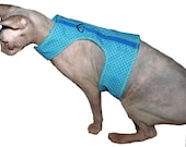 Cat Harness Sphynx Soft and Comfortable Cotton Shirt Lined In A Light Weight Flannel Shades of Blue With Bright Green Accents