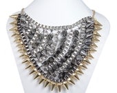 Hot Spike Gothic Necklace, Gold w Black Tone Rivet Necklace, Bib Necklace, Unique Design Punk Style Jewelry-151982403