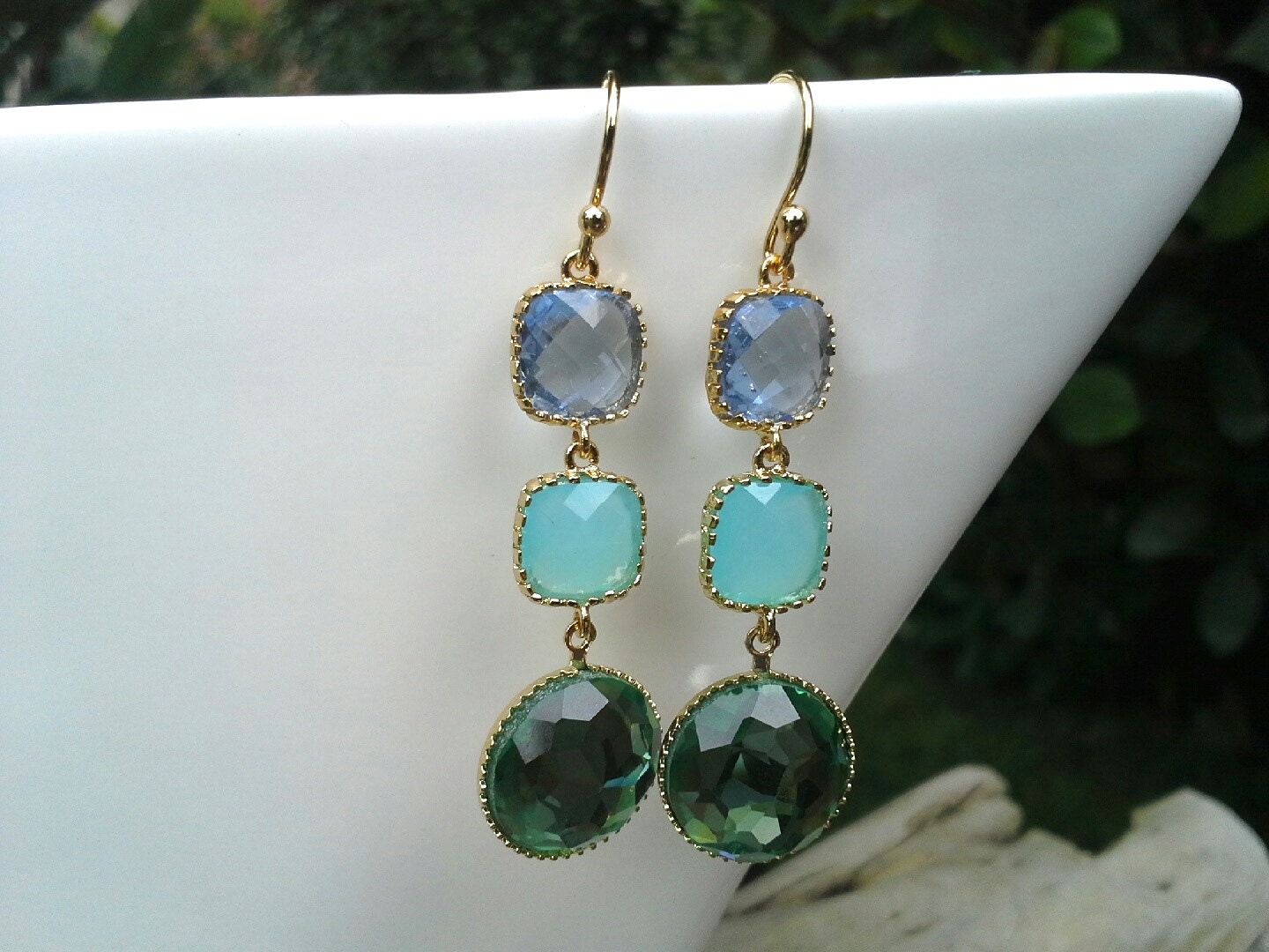 Bali Waters 14k Gold Plated Drop Earrings, Aqua, Sapphire Blue, Olivine Green Crystal, Birthday gift, Bridal jewelry, Anniversary gift