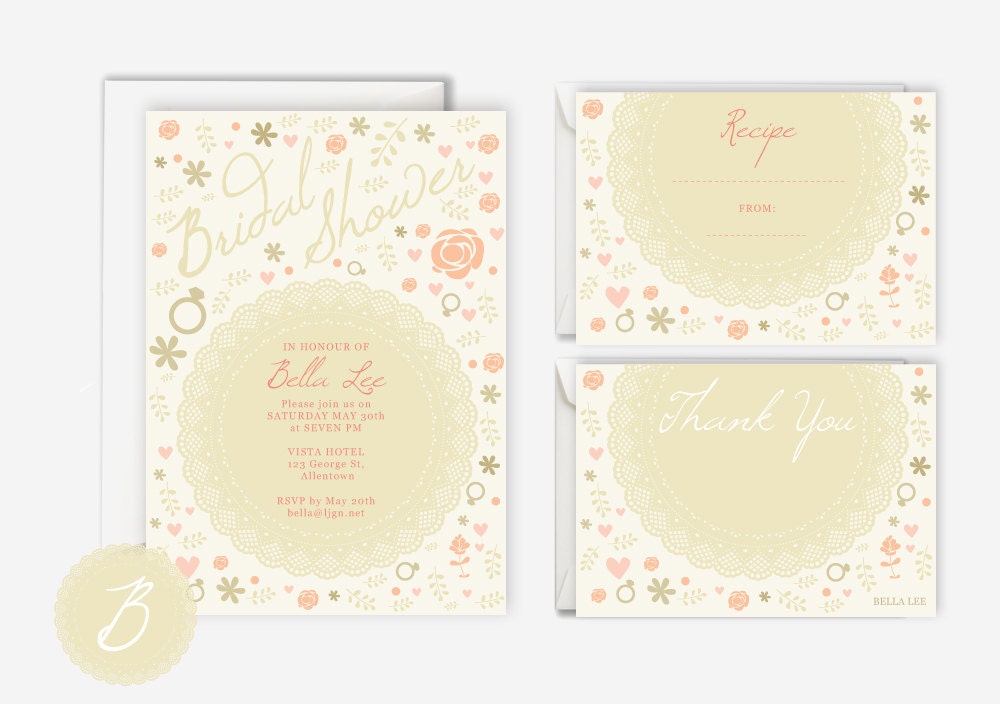 Rustic Bridal Shower Floral Doily Invitation Suite (Printable) - invite, recipe card, thank you card, favor tag, wedding stationery set Il_170x135