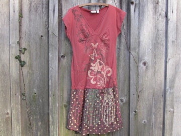 Small - medium Upcycled Summer Dress or Tunic Short sleeved Earthtones Boho Romantic Eco Gypsy Fashion