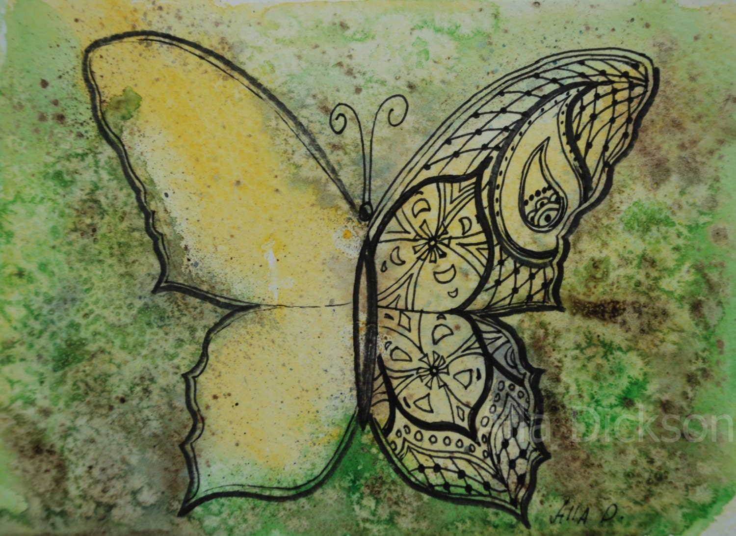 8x10 art print of the original watercolor painting "Hanna Enigma Butterfly", wall decor, green, yellow, ink, Indian