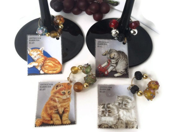 Wine glass charms Kitten Cat Tabby feline Antigua Barbuda recycled upcycled postage stamp WineCharms OOAK handmade