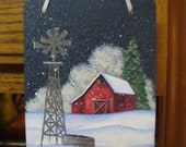 Hand Painted Winter or Christmas Rustic Red Country Barn Hanging Ornament