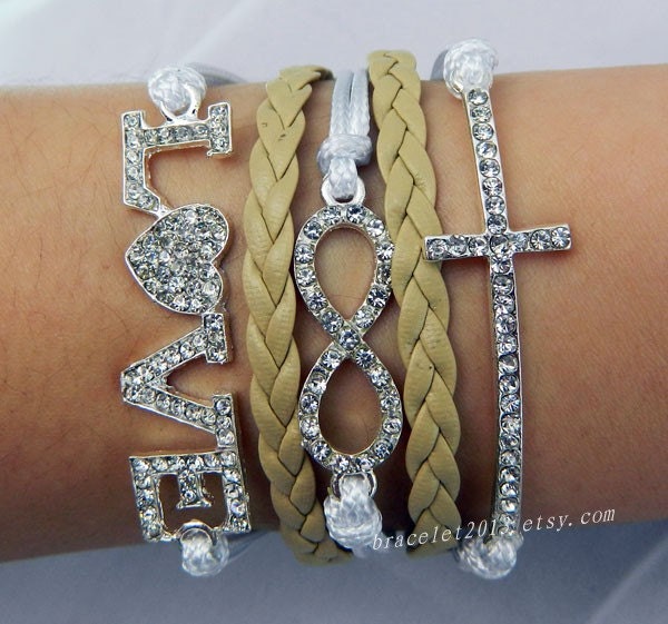 Infinity LOVE bracelet-New Beaded Silver Crystal Curved LOVE,infinity,Cross Bracelet,cream colour and pale yellow leather diamond bracelet