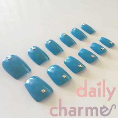 Hand Painted Blue / Turquoise Nails with 2mm Square Gold Studs