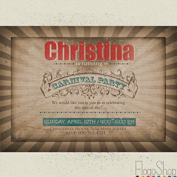 Carnival birthday party invitation Vintage French Parisian Circus card Printable custom invite / brown red blue / kids girls boys