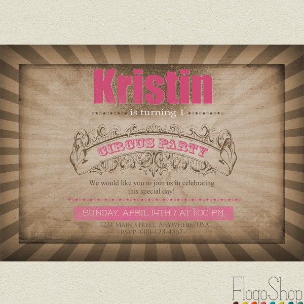 Carnival birthday party invitation Vintage French Parisian Circus card Printable custom invite / brown pink/ kids girls Il_170x135