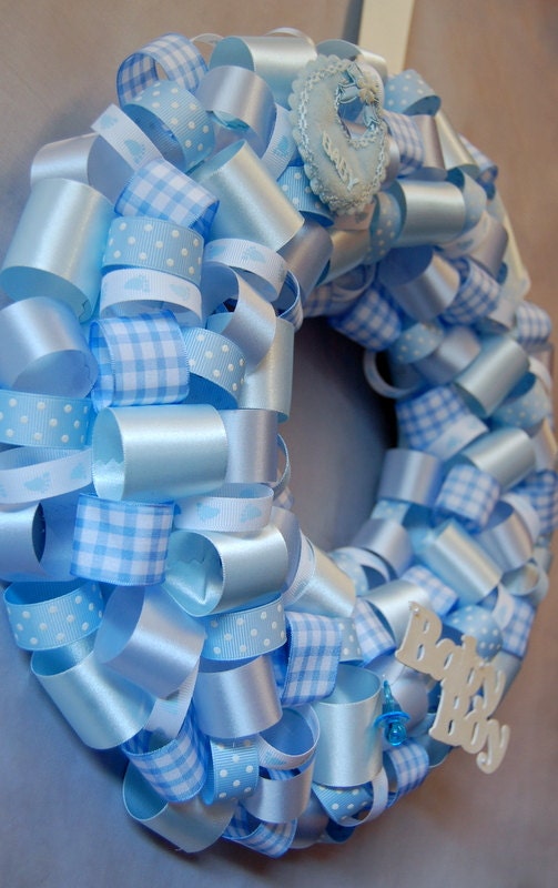 Baby Boy Blue Ribbon Wreath Wall Hanging