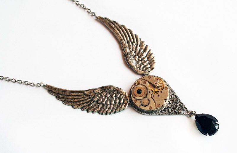 Steampunk Necklace with Wings and Genuine Vintage Watch Movement and Black Crystal