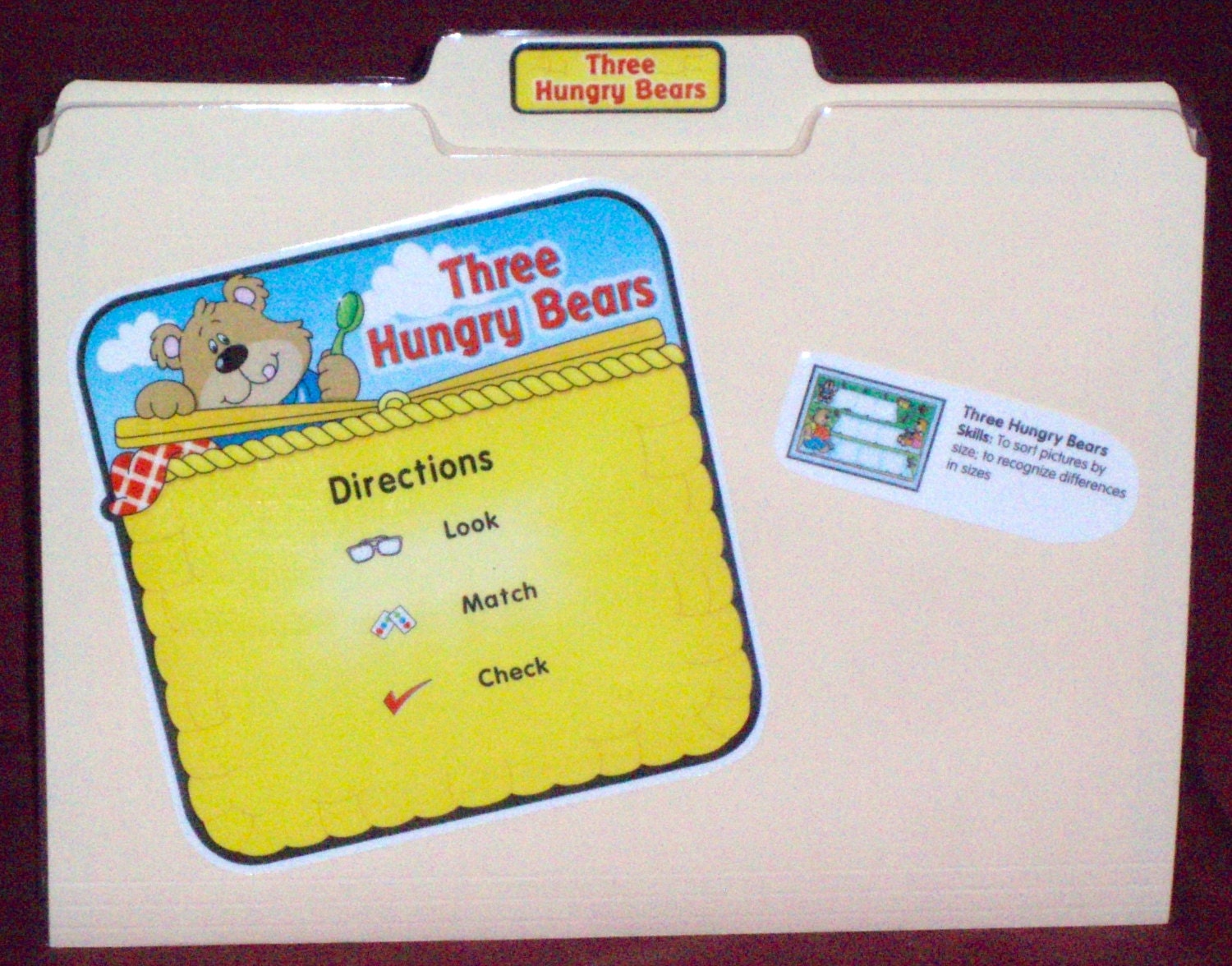 File Folder Game - Sort by Size -  "THREE HUNGRY BEARS "
