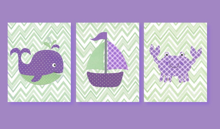 Green and Purple Nursery Art, Nautical Nursery, Chevron, Ocean Nursery, Whale, Sailboat, Crab, Girl Nursery Art, 8 x 10 Prints