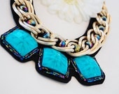 On Sale Bargain Turquoise Embellished Bib Necklace Gold Tone Statement Necklace Beaded Jewelry