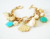 Gorgeous Tranquil Blue Charm Bracelet Pearl Mint Green Turquoise Blue Stone Charm Goldtone Chain Bracelet Statement Jewelry