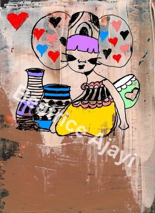 Little Empress Red Heart, whimsical, empress, Asian style, cute, art,digital, girls, print