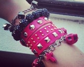 LA LOLITA set - chain skull and cross charm bracelet, with red studded leather band all handmade