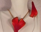 Gingko Pendant and Earrings. Polymer Clay. Freshwater Pearls. Magenta, Crimson, Orange. Metallic Gold . Handcrafted.