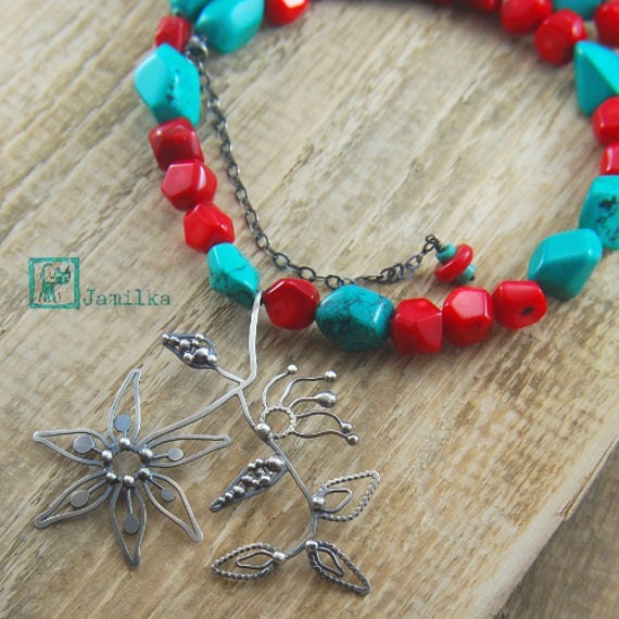 Joy Flower - big oxidized sterling silver with coral and turquoise necklace. Handmade metalwork.