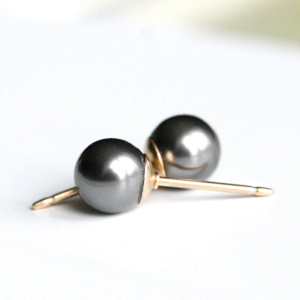 Handmade pearl studs, dark steely grey, pearl earrings, Swarovski crystal pearls, post earring, 14k gold filled, Petite Mimi Jewelry