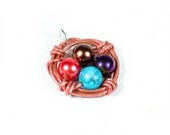 Copper Wire Birdnest Bird's Nest Necklace Pendant w/ Glass Pearl Beads