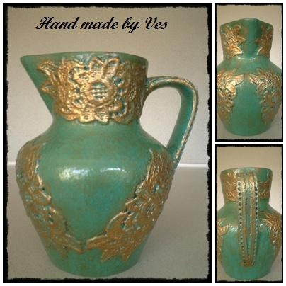 Green jug with gold lace and delicate cracks