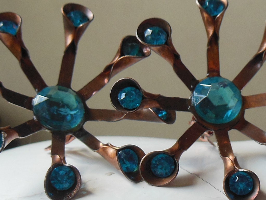 Atomic Vintage 1950's Clip On Earrings, Copper Metal and Blue Rhinestones, handmade