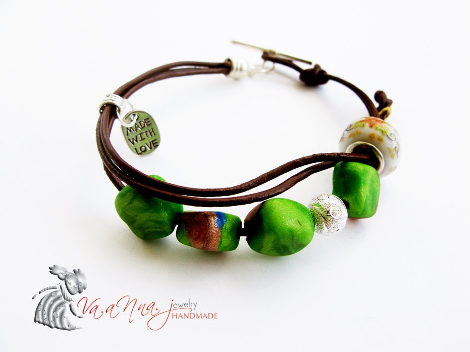 Stylish Handmade Bracelet with Brown Leather Cord, Artistic Fimo Green Beads and Silver Clasps