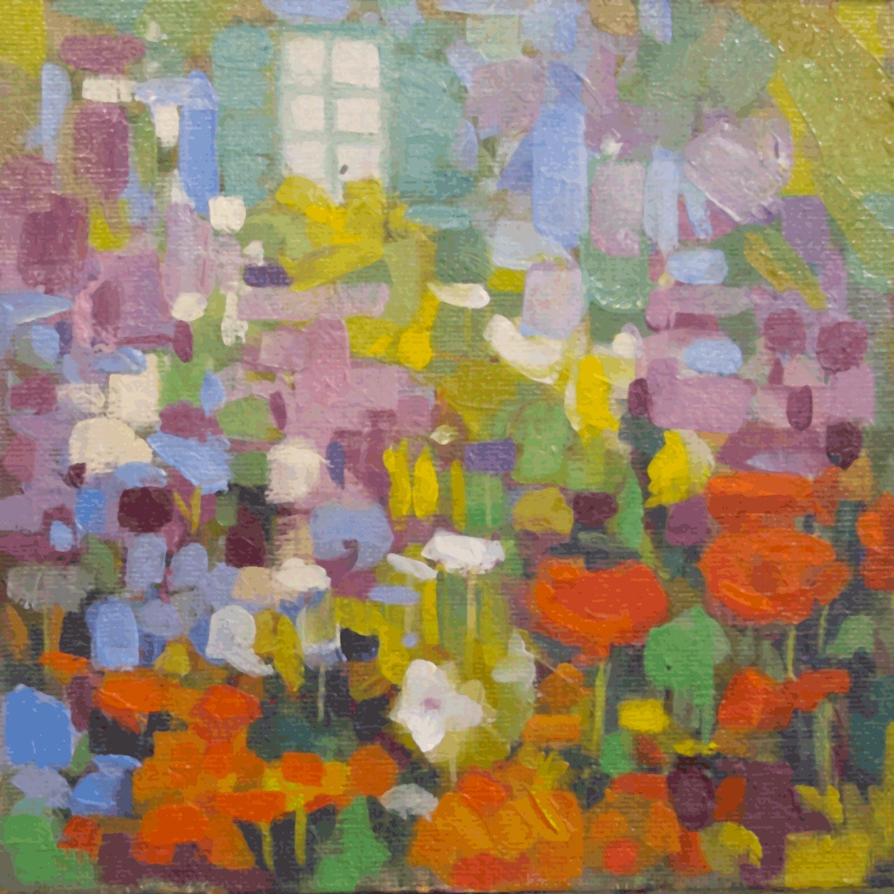 art, original oil painting, small, landscape painting of garden, poppies, phlox, flowers, floral, summer