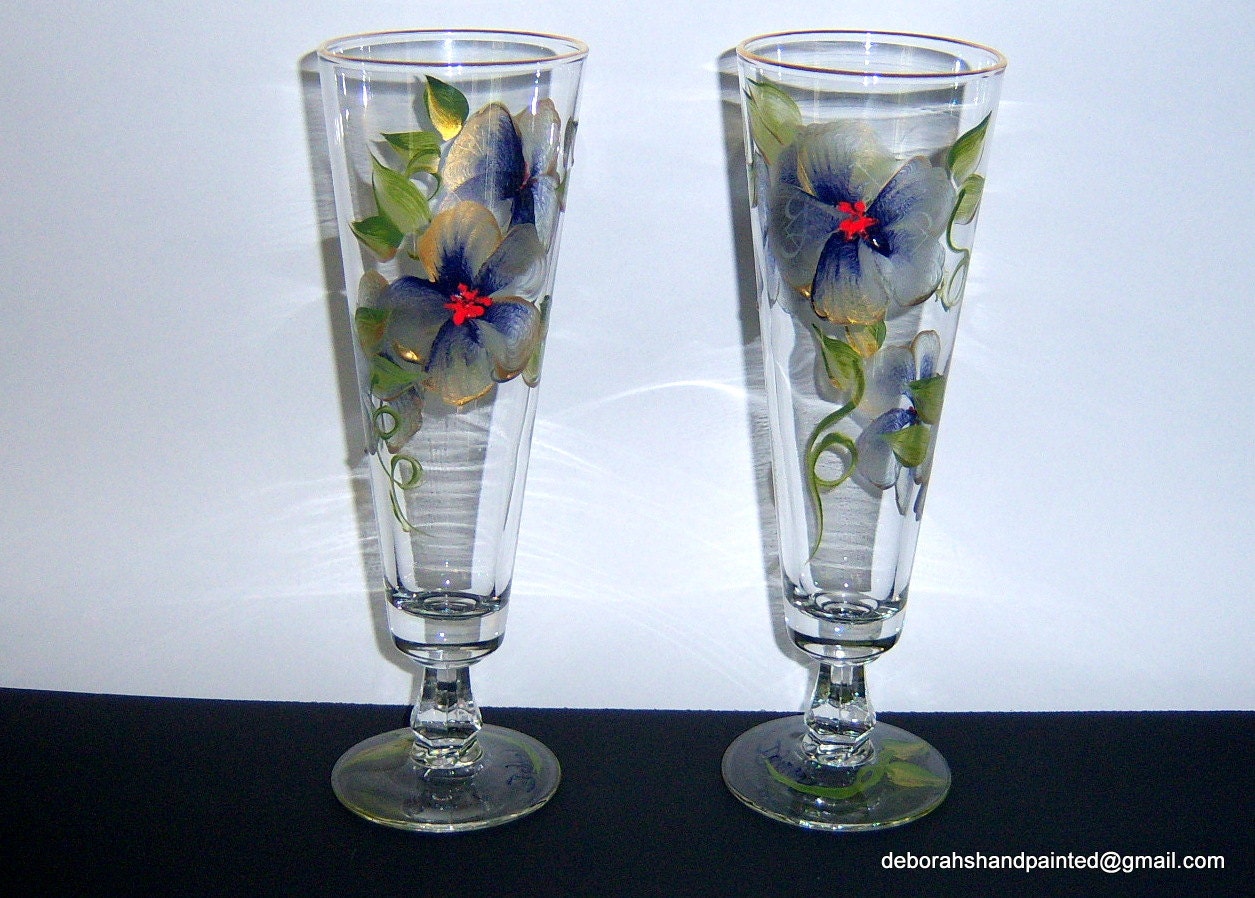 Elegant Hand Painted 12 oz Glasses Gold Purple Flowers Drinks Upcycled Bridal Shower Gift Wine Bachelorette Barware Glassware