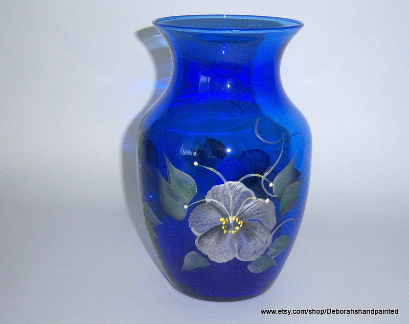 Cobalt Blue Vase Hand Painted Silver Black Flowers Upcycled Home Decor Fresh Flowers Modern Silver Floral Design Recycled Glass