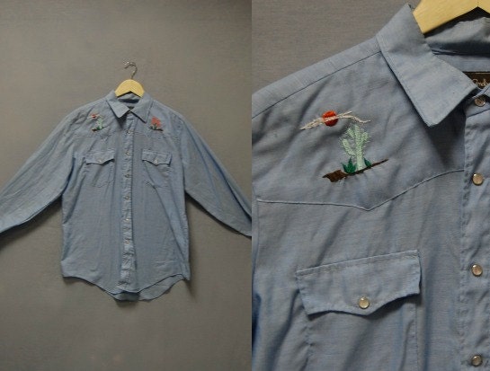 1970s Mens Western Shirt - Embroidered Southwest Button Up - Chambray