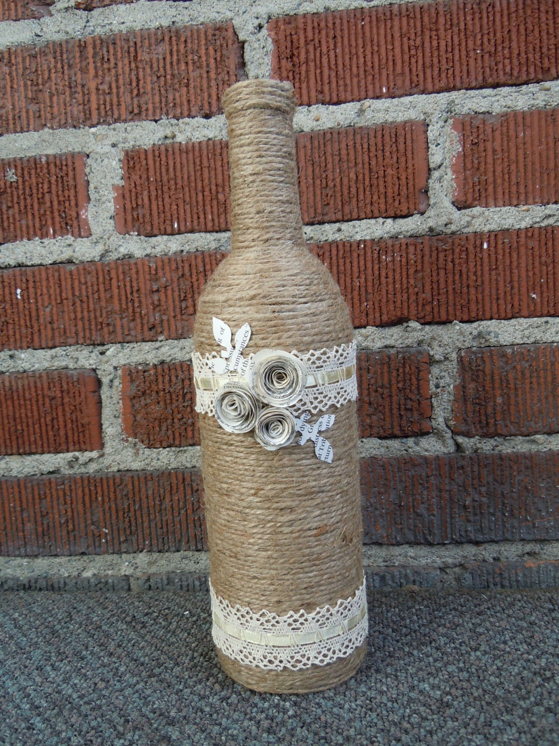 Twine Wrapped Wine Bottle with Decorative Paper Flowers