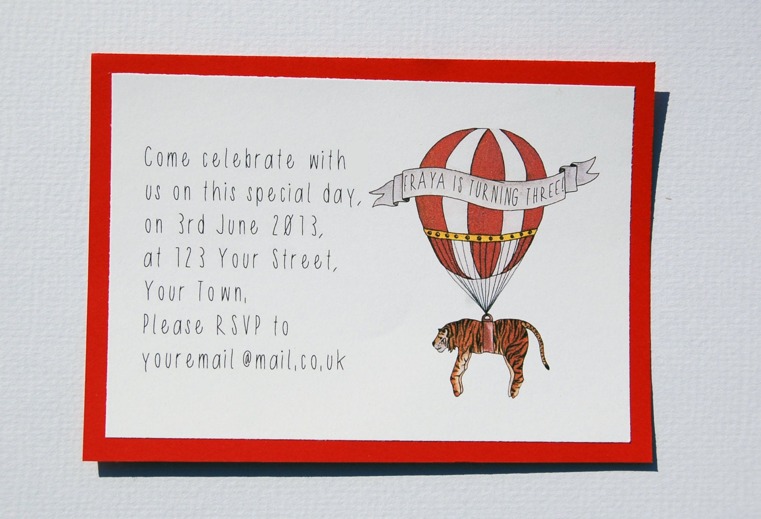 Children's Party Invitation, Custom, Tiger Hot Air Ballon Design, A6