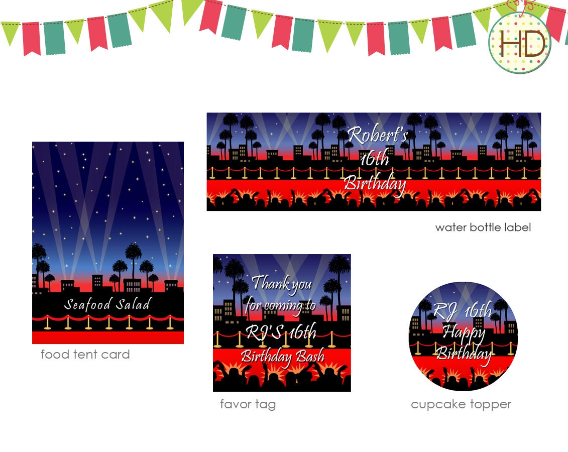 Red Carpet Party Package, water bottle label, cupcake topper, favor tag, candy wrapper and food tent card. Hollywood Party Package