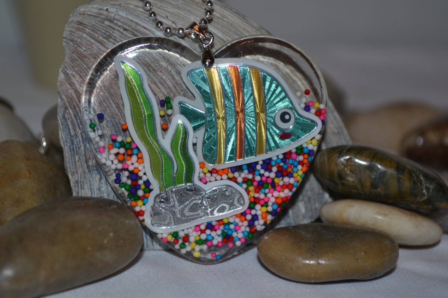 Heart Shaped Fish Tank Resin Pendant  Silver Ballchain Necklace