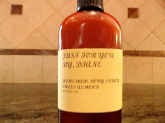 Buy homemade beauty products - HOMEMADE 4 oz. SWEET ALMOND Body Mist... Vitamin C, E, aloe vera. Beautiful Amber Bottle.