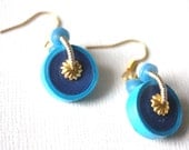 Blue round paper handmade beads, sequins, golden wire dangle eco friendly earrings SPACE