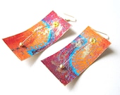 Cardboard rectangle paper eco gold plated wire metal beads blue red yellow sequins handmade earrings  SUNRISE AND SUNSET